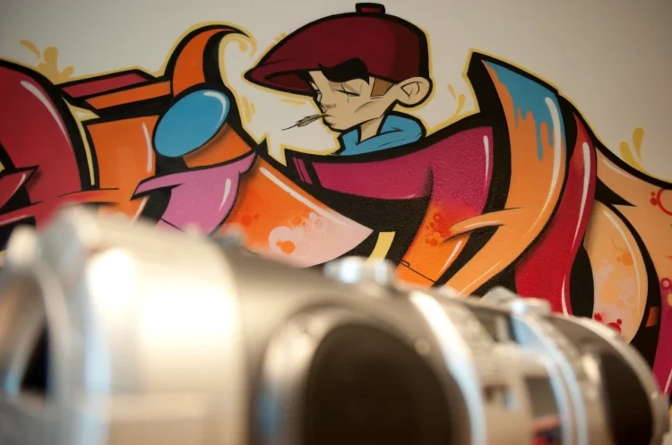 Ein buntes Graffiti in einem Schulungsraum.
