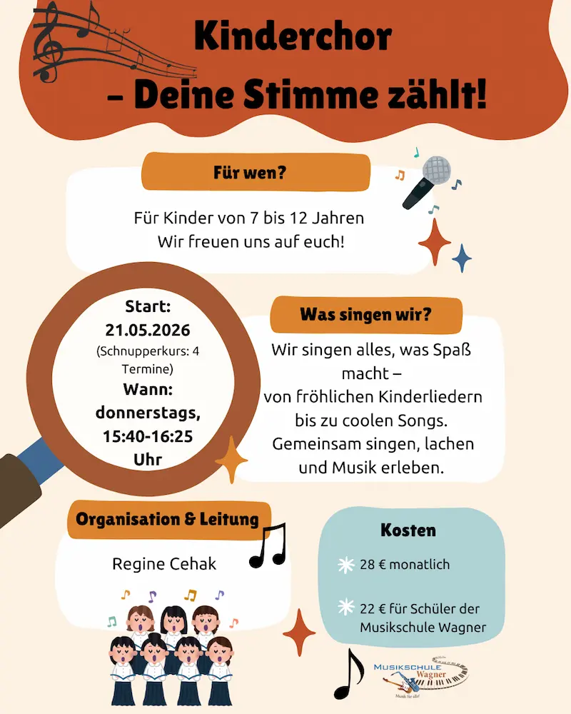 Flyer für Kinderchor - Ab 21.05. in der Musikschule Wagner